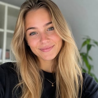 Young woman with long blonde hair wearing a black top and delicate necklace, smiling at camera indoors with green plant in background